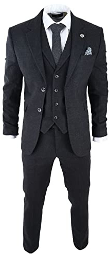 Mens Black Tweed 3 Piece Suit Check Vintage 1920s Gatsby Blinders Tailored Fit - Black 38