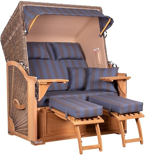 MR. DEKO® Strandkorb Seeblick 2-Sitzer Teakholz | PE Geflecht Grey | Volllieger verstellbar mit Fußablage | inkl. 4 Kissen + Wechselpolster | Strandkörbe Teak fertig montiert Strandstuhl (Dessin 582)