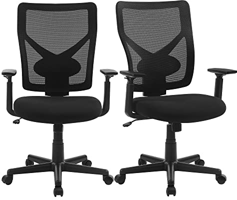 SONGMICS Bürostuhl, 2er Set, Schreibtischstuhl, ergonomischer Drehstuhl, verstellbare Armlehnen, Wippfunktion, atmungsaktiver Netzstoff, Belastbarkeit 120 kg, schwarz OBN36BK-2