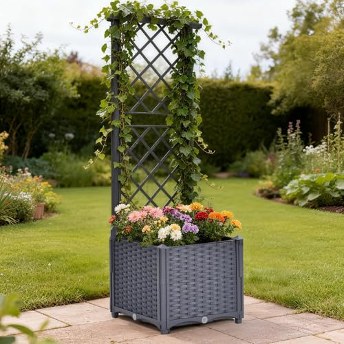 Mingone Jardinera con rejilla, jardineras de exterior grandes huertos elevados, jardineras de balcón para plantas para el cultivo de hortalizas, flores y hierbas aromáticas, gris y 1 ranura