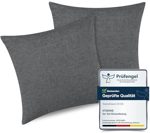ATsense 2er Set Kissenbezug 45x45 cm - 100% Gewaschene Baumwolle, Dunkelgrau Kopfkissenbezug mit Reißverschluss, Oeko-TEX Zertifiziert Weich, Nicht Lleicht Verformbar
