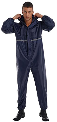 JEATHA Herren Regenoveral Wasserdichter Regenanzug Reflective Regenjacke mit Kapuze Jumpsuit Regenmantel Reißverschluss Arbeitsoverall Reinigungsoverall Dunkelblau 4XL