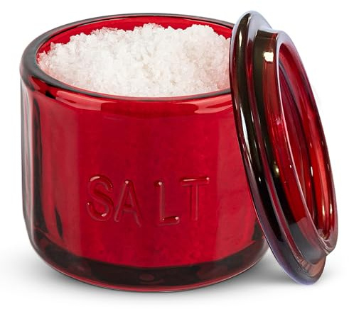 KooK Glass Salt Cellar, with Lid, Embossed Pressed Glass, Clear Storage Container, for Coffee, Sugar, Spices and Candies, 10 oz (Ruby Red)