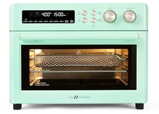 VAL CUCINA - Freidora de aire con calefacción infrarroja de estilo retro, horno de convección extragrande para encimera 10 en 1, tostadas de 6 rebanadas, charola para hornear esmaltada, fácil de
