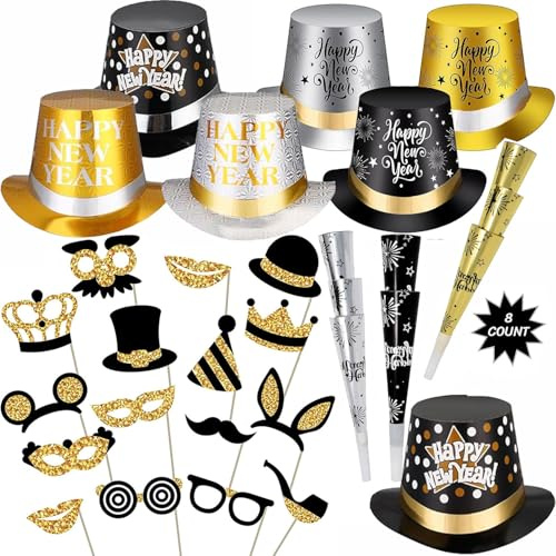 ZYDNANYANG Año Nuevo 2026 Sombrero de fiesta Año Nuevo Año Nuevo,4 sombreros de fiesta,8 piezas Sombrero triangular puntiagudo,6 Feliz Año Nuevo Tiaras