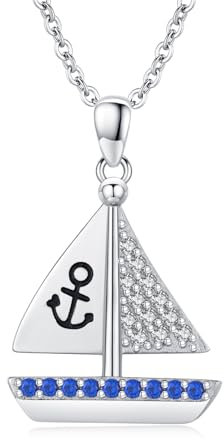 REDSUN Segelboot Nautische Halskette 25 Sterling Silber Damen Nautische Anker Kette mit Zirkonia Anhänger Ozean Urlaub Schiff Segelboot Schmuck für Männer Frauen