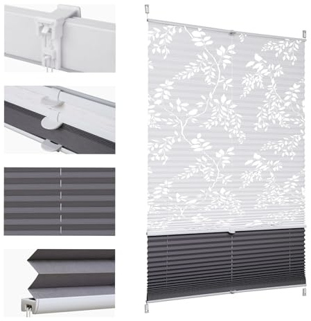 Sekey Plissee Doppelplissee Day+Night Verdunkelung ohne Bohren verspannt Lichtschutz Klemmfix Lichtdurchlässig Ausbrenner-Muster 40x130cm Druck & Grau