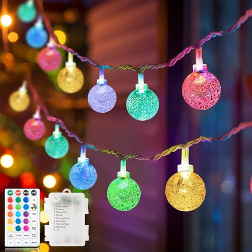 Metaku 5M 50 LED Lichterkette Kugeln Bunt, Kristall Globe Lichterkette Batterie Innen mit 8 Modi Fernbedienung Timer, Wasserdicht Lichterkette Außen Weihnachten für Zimmer, Balkon, Garten, Party Deko