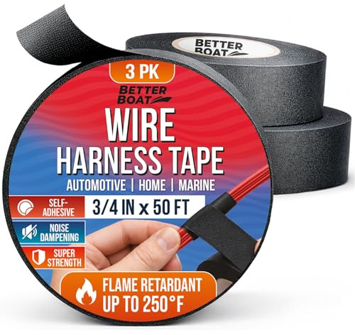 Better Boat Wire Harness Tape 3-Pack (150ft) - Cloth Electrical Tape Automotive & Marine Grade, Noise Dampening Wire Loom, Heat Resistant to 250F, No Residue Fabric Wiring Wrap 3/4 x 50ft