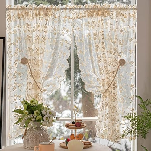 Devola Scheibengardinen Landhausstil Spitze Gardinen Französischer Stil Bistrogardine mit Blumenmuster Stickerei Küchengardine Transparent Kaffee Gardinen HxB 120x130cm Cremefarbe 1 Stück