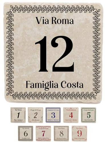 Numero Civico Personalizzato da Esterno in Marmo Botticino - Mattonella 10x10 cm Personalizzabile con Indirizzo, Via, Nome Famiglia, Testo - Per Casa, Villa, Hotel, B&B