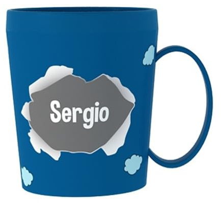 ILS I LOVE SHOPPING Taza personalizada con nombre, vaso de plástico, 350 ml, para microondas con asa de desayuno, fabricada en Italia (Sergio)