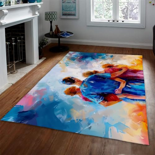 HOBBOY Eltern-Kind-Bereich Teppich Warmer Familienbodenteppich für Schlafzimmer Wohnzimmer niedrig Flor Haustür Matte Bunte Aquarell Teppiche 160 x 220 cm