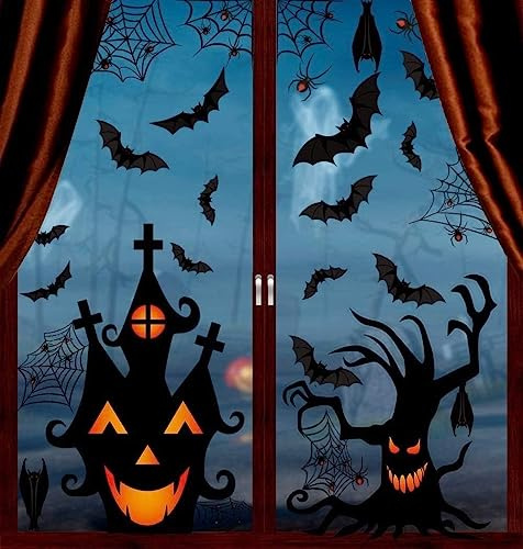 DERAYEE Halloween-Aufkleber, schwarze Fenster, elektrostatisch mit Baum, Haus, Fledermaus, Spinne, Spinnennetz, 7 Stück, Halloween-Deko