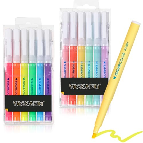 YOSKAEDI överstrykningspennor, 12 färgglada överstrykningspennor med 12 färger, utan bleed och torr snabb lysande pennor bibelmärkningspennor, highlighter pen lämplig för skolmaterial för lärande och