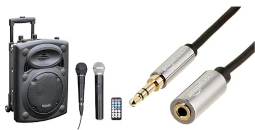 Ibiza - PORT8VHF-BT - Altoparlante portatile da 8/400W MAX con 2 microfoni(a filo e VHF) & Amazon Basics - Ausiliario Cavo prolunga audio stereo maschio/femmina, 3,5 mm, 1.83 m, Nero