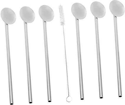 Mikinona 7pcs Stainless Steel Mixing Spoons with Cleaning Brush Stainless Steel Straw Spoons for Coffee Tea and Desserts Eco-Friendly Beverage Stirring