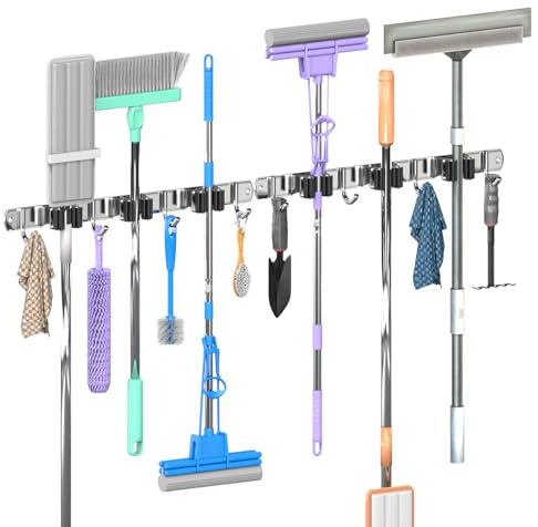 3-H Besenhalterung Wand 2 Stück, 2-in-1 Dual Montage (Stabile Schraubmontage oder wandschonend selbstklebend), Edelstahl Gerätehalter Wandhalterung für Garten Garage Keller(3 Halter & 4 Haken, Silber)