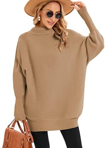 Famulily Womens Turtleneck Batwing Jumpers Oversize Rib Knit Pullover Top 2024 Fall Winter Sweaters Brown M