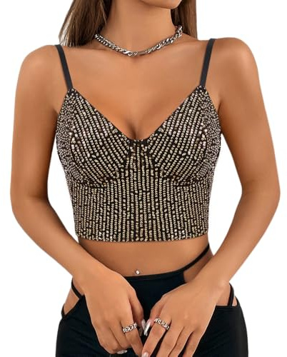 Naimo Crop Top à paillettes pour femme, sans manches, col en V, débardeur, gilet, camisole scintillante, chemisier de fête, haut rave, noir/or, S