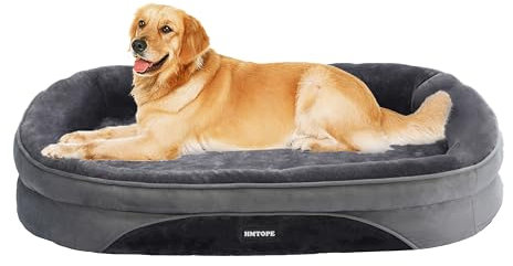 HMTOPE Orthopädisches Hundebett, Hundesofa, Vierseitiges Nackenrolle Kissen, rutschfeste Unterseite Hundekorb, Abnehmbar und Waschbar, Mittelgroße Hunde, Grosse Hunde, 106 x 79 x 17 cm, Dunkelgrau