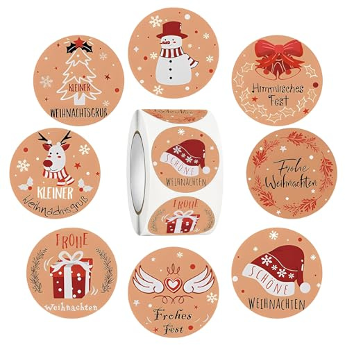 500 Stück Aufkleber Weihnachten, Rund Frohe Weihnachten Sticker, Vintage Selbstklebend Etiketten, Kraftpapier Weihnachtsaufkleber auf Rolle, für Geschenkverpackungen Party Umschlag Dekoration (2.5cm)