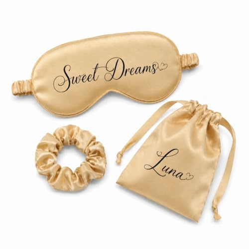 Individuelles Satin-Augenmasken-Geschenkset mit Haargummi und Reisetasche | Druck mit Namen oder Satz; seidige Haptik; weiches Stretchband; kompakte Verpackung; Farbauswahl