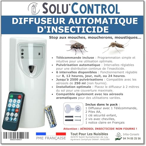 Diffuseur Automatique d'Insecticide avec Télécommande - Anti-Mouches & Anti-Moustiques - Programmable avec 6 Intervalles - Jusqu'à 2500 Pulvérisations - piles Incluses