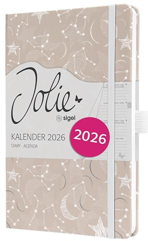 SIGEL J6349 Wochenkalender 2026 ca. A5, beige, weiß, Hardcover, Gummiband, Stiftschlaufe, Einstecktasche, 174 Seiten, vegan, Buchkalender, Terminplaner Taschenkalender Jolie