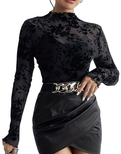 Haut Dentelle Femme, Haut Femme Chic et Elegant en Dentelle Florale Transparente Chemise Sexy en Maille Haut Manches Longues Automne et Hiver Noire Pas Cher Haut Noir M