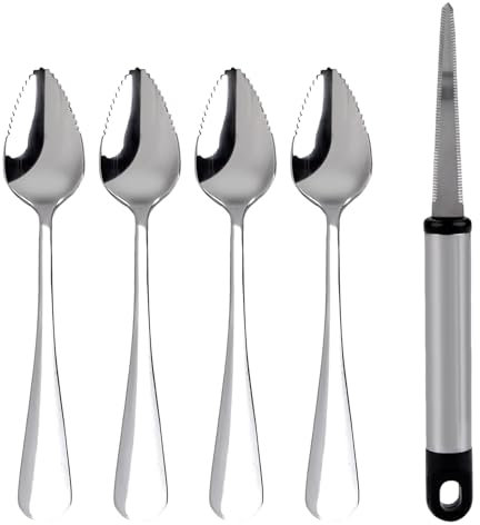 Lot de 4 cuillères dentelées en acier inoxydable avec éplucheur de pamplemousse