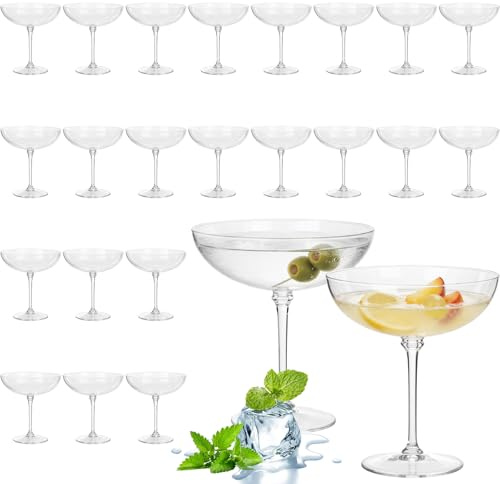 LemonRoad 24 Pcs Plastic Coupe Glasses, 9 oz, Detachable Stem, Clear | Disposable Martini Glasses Bulk, Cocktail Cups, Champagne Desserts, Espresso Drinks, Fall Weddings, Birthday Party, Home Bars
