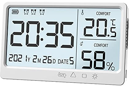 MY-13 Réveil numérique LCD avec affichage intérieur/température et humidité, grand écran, batterie rechargeable, conversion ℃/℉, design compact