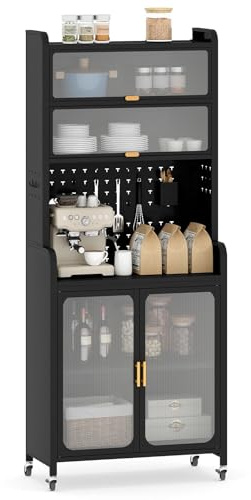 COSTWAY Credenza da Cucina, Armadietto Salvaspazio in Metallo con Ampio Piano di Lavoro, Ripiano Regolabile, Pannello Forato e Ruote, per Sala da Pranzo e Soggiorno, 79 x 37 x 192 cm