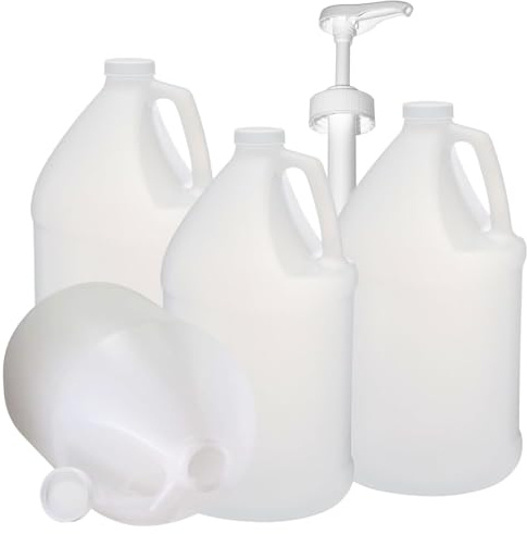 1 Gallon Plastic Jug (4-Pack) Reusable w/Shipping Box, Food-Safe, BPA Free | HDPE Containers for Water, Bev Syrups, Sauces, Detergents, Liquids Soaps | Screw-On White Cap Transparent-Jug | Free-Pump