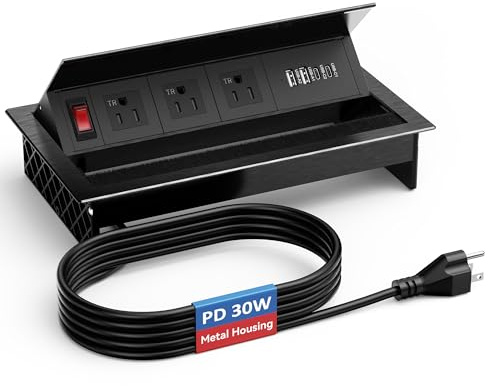 Recessed Conference Table Power Hub with 4 USB Ports,3AC TR Outlets, PD 30W USB-C PD Fast Charging, Metal Housing Flush Mounted for Desks, Kitchens, RVs, 6FT Power Cord