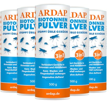 ARDAP Biotonnenpulver 5 x 500g - Anti Maden Biotonne - Mülltonnen Pulver - Gegen Fliegen, Maden, Ungeziefer & üble Gerüche - Für ca. 600l Bio Abfall - Stoppt üble Gerüche, biologisch abbaubar