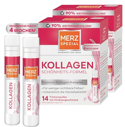 Merz Spezial Kollagen Schönheits-Formel Trinkampullen - Hochwertige Beauty Ampullen mit Kollagen-Hydrolysat-Komplex, Biotin, Niacin, Zink, Vitamin C & E - 2 x (14 x 25 ml)