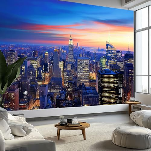 Papel Tapiz Fotográfico Fotografía Crepúsculo Skyline De Nueva York Fotomurale 300 x 210 cm, Art Mural Azul Papel Pintado Fotomural para Cafe Restaurant Dormitorio Hoga Murales Decoración