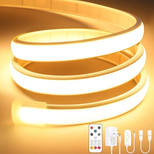 Lamomo COB LED Strip Light, 10M Warm White Dimmable Led Lights Strip with Remote, Flexible Waterproof Silicone 3000K 24V Neon Rope Light for Bedroom, Kitchen, Outdoor,CRI90+, UKCA Transformer