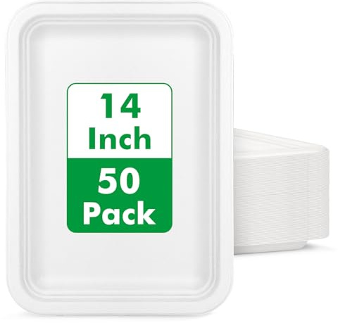 Uniecocus 50 Pack 14 Inch Disposable Food Trays, Heavy Duty Large Paper Plates for Serving Food, Compostable Platters for Crawfish Lobster Seafood Boil BBQ Party, White Rectangle Plates