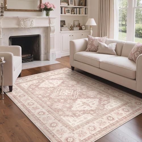 GENIMO - Tappeto Boho Vintage 160x230cm - Lavabile in Lavatrice, Antiscivolo, Pelo Corto - Per Camera da Letto, Soggiorno, Sala da Pranzo - Beige Rosa Antico