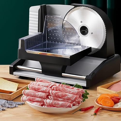 Affettatrice Elettrica Mini Domestica 200W，Lama Acciaio Inox 190mm，Spessore Regolabile 1-15mm，Lama Estraibile Facile Pulire，Carne Formaggio Verdure