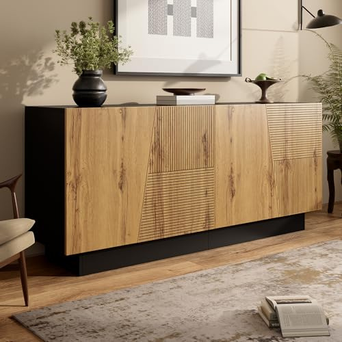 Merax Sideboard 160×40×72 cm, modernes geometrisches Design, großer Stauraum, verstellbare Einlegeböden, Aufbewahrungsschrank für Wohnzimmer, Esszimmer & Flur, Schwarz und Holzfarbe