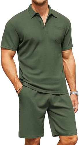 QUNERY Conjunto Hombre Verano 2 Piezas Conjunto Slim Fit Polo y Pantalones Cortos Negocios Chándal de Ocio con Bolsillos Verde Militar L