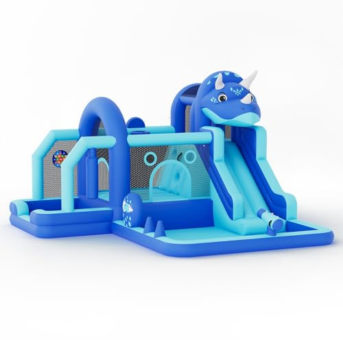 Hüpfburg Kinder, Aufblasbare Dinosaurier-Hüpfburg Mit Rutsche Und Gebläse, Große Spielplatz Mit Sprungfläche, Bällebad, Innen Und Außen Hüpfmatratze Für Kinder Bouncy Castle, 382 × 375 × 254 cm