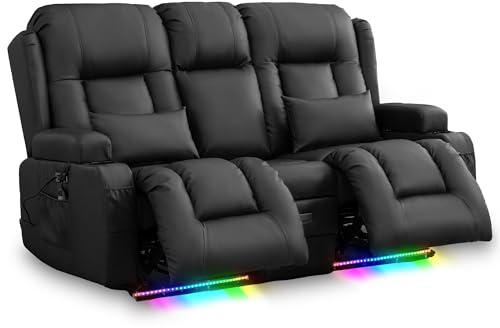 SnyFivv Elektrisch Relaxsessel mit Liegefunktion, Zweisitzer Fernsehsessel mit Konsole TV Sessel Heimkino mit Heizung & Vibrierende Massage/USB & Type C/Getränkehalter/Kunstleder (Schwarz)