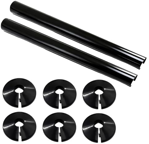 Radiator Pipe Cover Kit, 2 Sleeves and 6 Collars, 15mm by 200mm Black Plastic Snap-On Design for Heating Pipes, Easy Install Home Décor and Protection Set