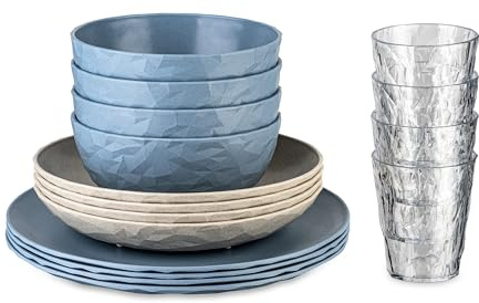 Koziol Club GÖTEBORG Set de vaisselle 16 pièces, incassable, empilable, en plastique biocirculaire, passe au lave-vaisselle, sans mélamine, pour camping, pique-nique, extérieur (bleu fleur naturelle)