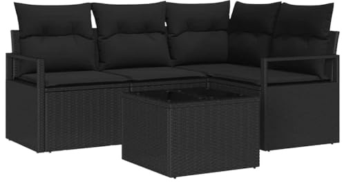 HETFTJN Gartenmöbel-Set 5-teilig, Polyrattan Lounge-Set mit Polstern und Tisch, Modulares Gartensofa für 4 Personen mit Stauraum, Schwarz, Sitzgruppe für Terrasse und Garten